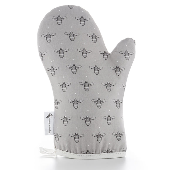 A thickly padded single oven glove decorated with our unique Dragonfly and Blossom illustrations, and designed to coordinate perfectly with our apron and tea towel sets. Bee repeat design with grey and polka dot background.